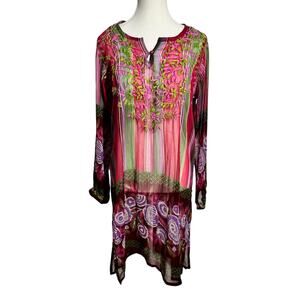 Raj Silk Boho Colorful Sheer Coverup Tunic Dress Women L Pink Green Floral Vacay